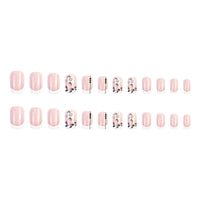 JUSTOTRY 24 Pcs White French Short False Nails,Pink Square Press on Nails with Flower and Leaf Pattern,Glossy Fake Nails Medium for Nails Art,Squoval Stick on Nail for Women Gifts