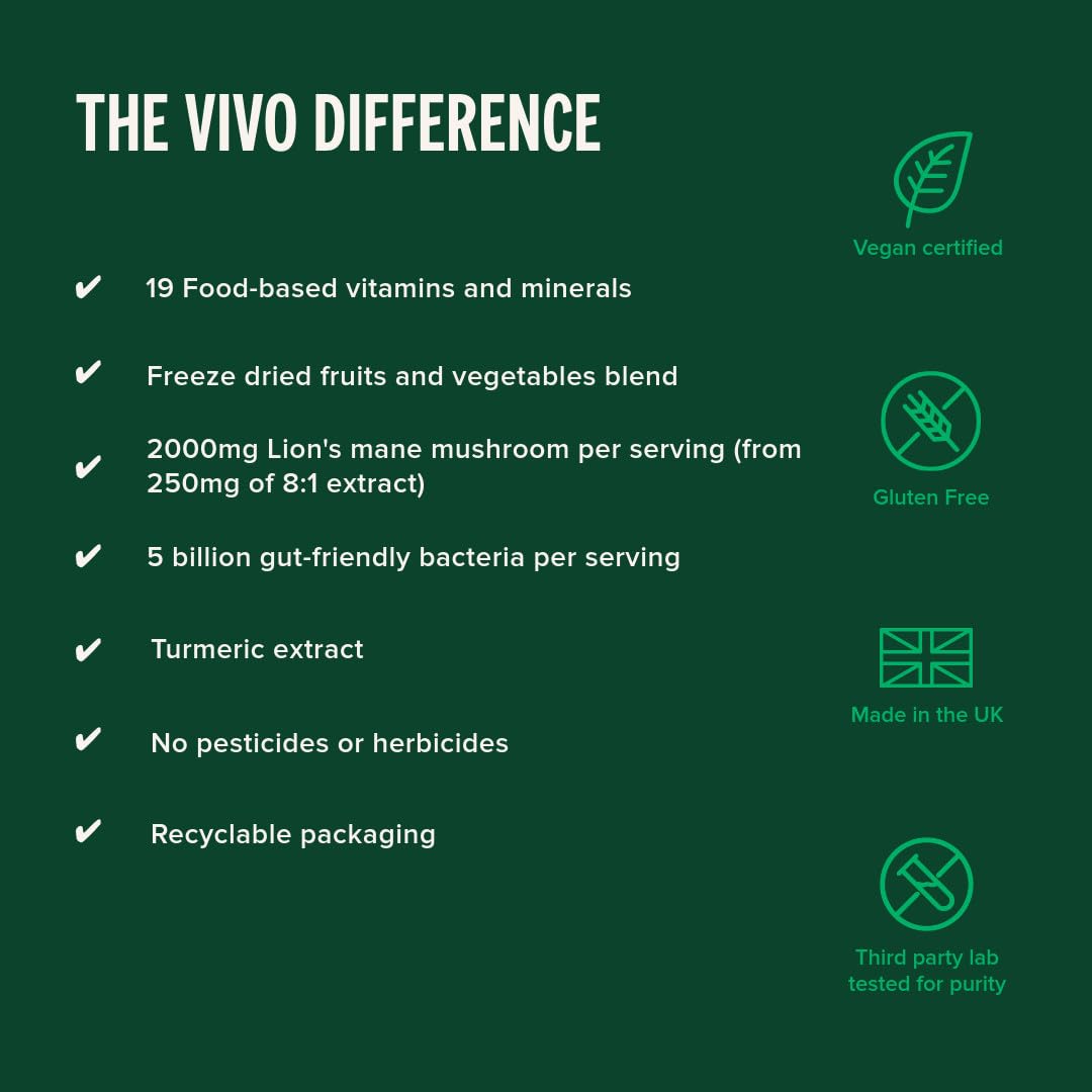 Vivo life - Supergreens, Vegan Superfood with Vitamins, Minerals, Live Cultures, Fruits & Greens, 30 Servings - 240g (Blueberry & Lucuma)