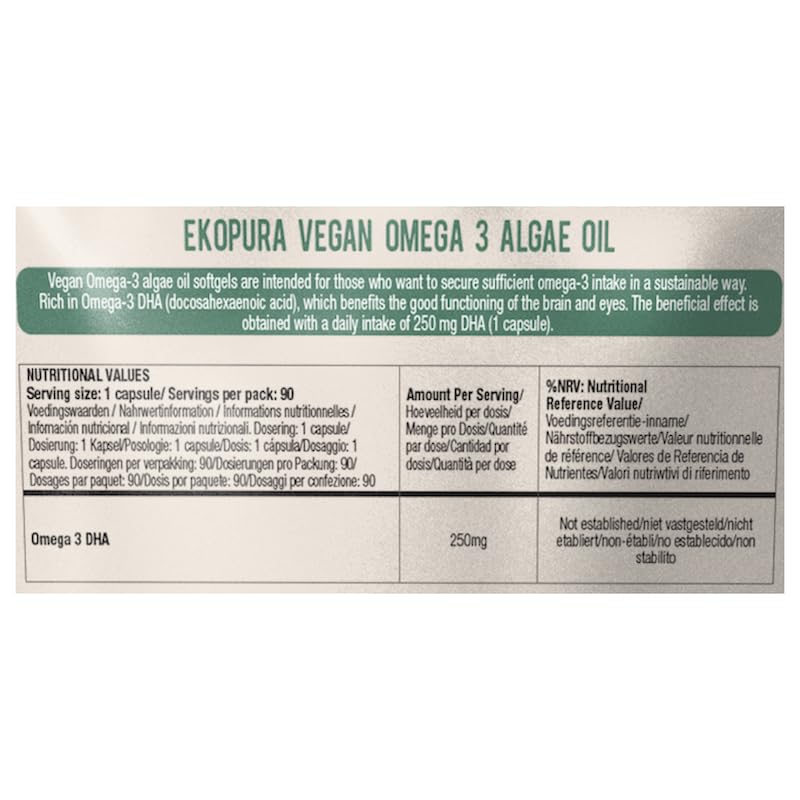 Ekopura Vegan Omega 3 Algae Oil 90 Capsules (250mg) | 250mg DHA Per Capsule | Support Brain & Eye | GMO-Free | Plant-Based Alternative to Fish Oils | 3 Months Supply (1 Capsule per Day)