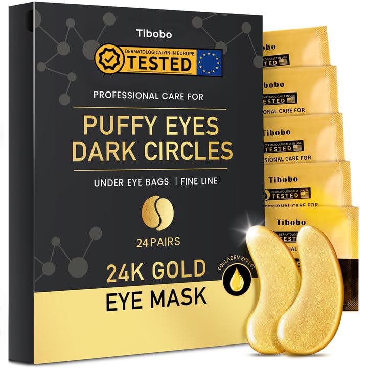 24K Gold Under Eye Patches, 24 Pairs Gel Eye Pads Skincare, Collagen Hyaluronic Acid Eye Pads, Against Dark Circles, Self Care Mask For Eye Bags, Puffy Eyes, Wrinkle Removal, Dermatologically Tested