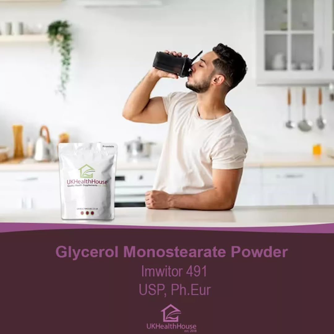 UKHealthHouse Glycerol Monostearate Powder, GMS, Pure Range, Vegan, High Strength Supplement, Packaging Vary (50g)