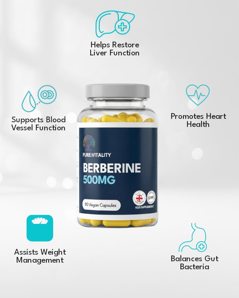 Pure: Vitality Pure Vitality Berberine HCL 500mg – 90 Vegan Capsules – 98% Purity – High Strength Formula – UK GMP Certified Manufacturer