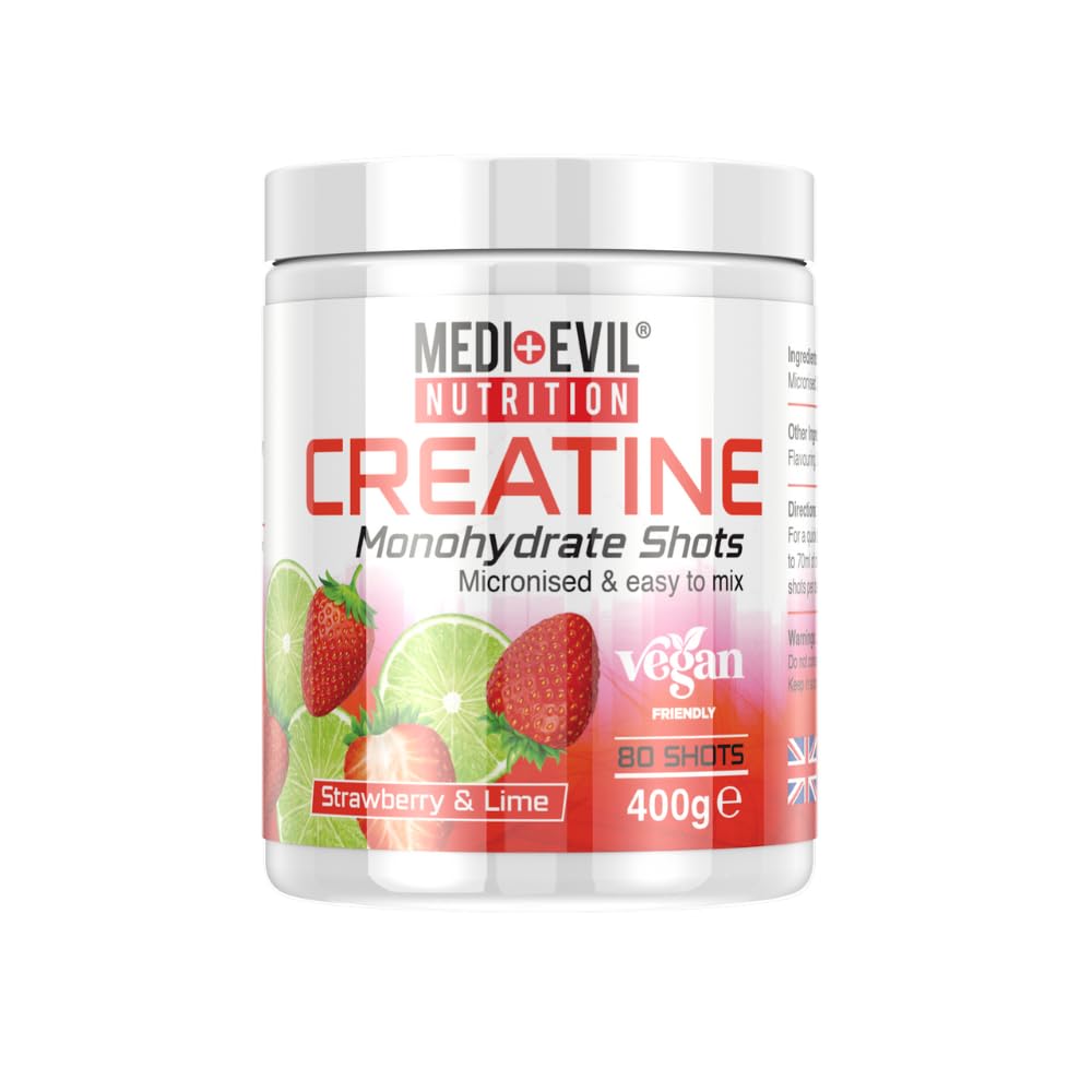 Medi-Evil Nutrition Creatine Monohydrate Powder, Strawberry and Lime Flavour, 400g, Micronised for Easy Mixing, Increases Physical Performance