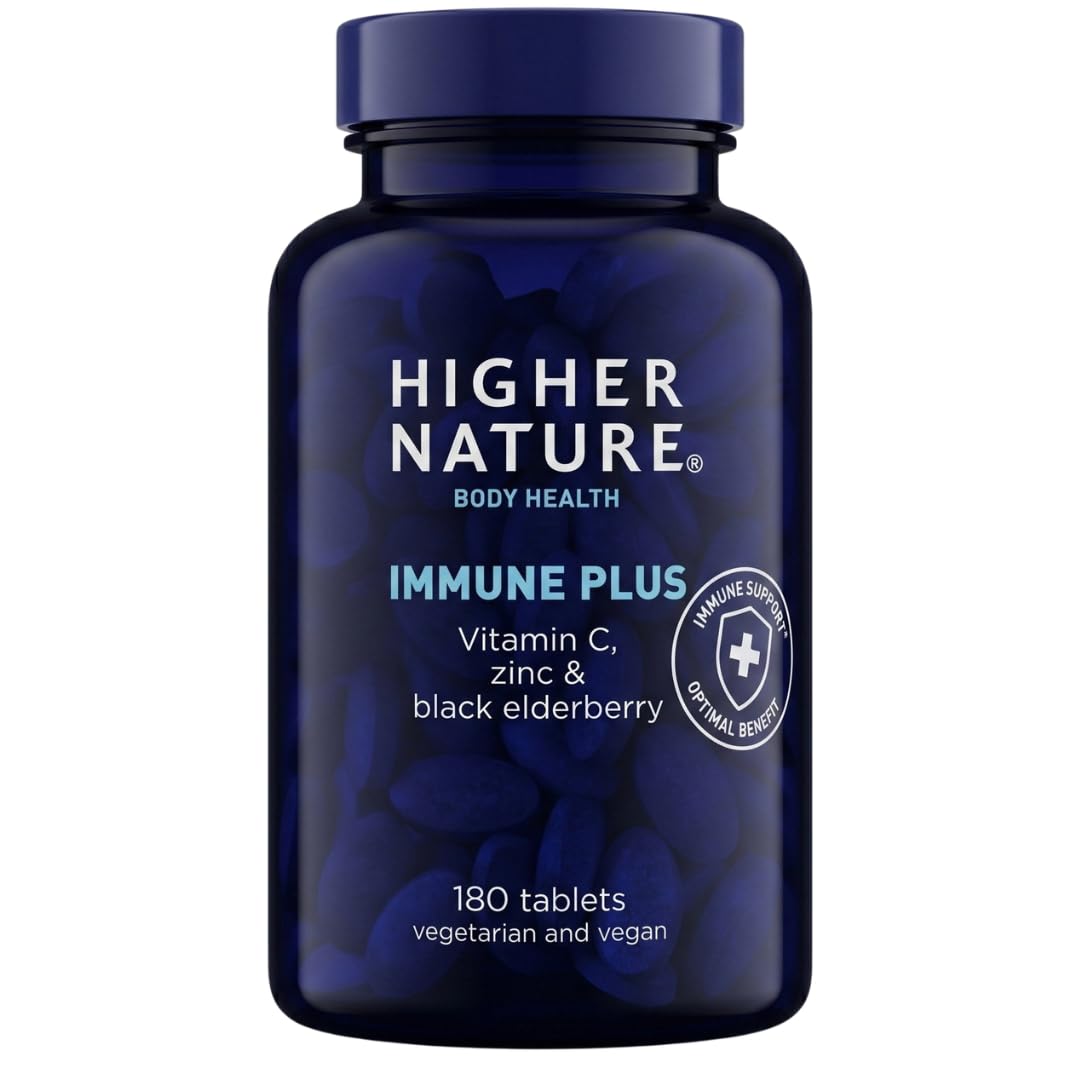 HIGHER NATURE Higher Nature Immune Plus - Vitamin C with Zinc & Black Elderberry - Immune Support Supplements - Vegetarian and Vegan Multivitamin - 180 Tablets