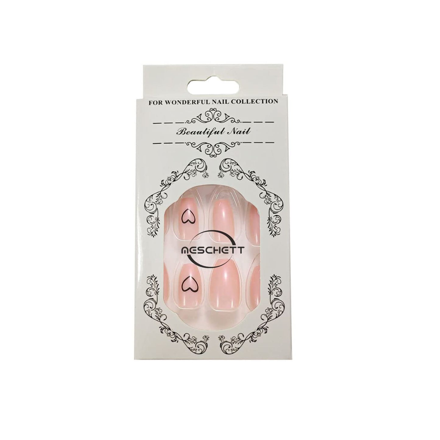Meschett Nude Pink Heart Press on Nails 24PCS Glossy Full Cover Medium Coffin Artificial Fake Nail Love Style Design Nails for Women and Girls Party Salon