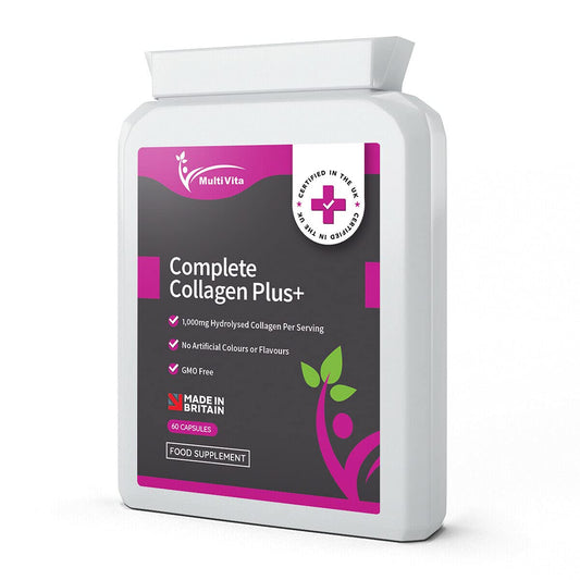 Multivita Complete Collagen Plus+ 1000mg - 60 Capsules - Hyaluronic Acid, Biotin, Vitamin C, E, Iodine + More