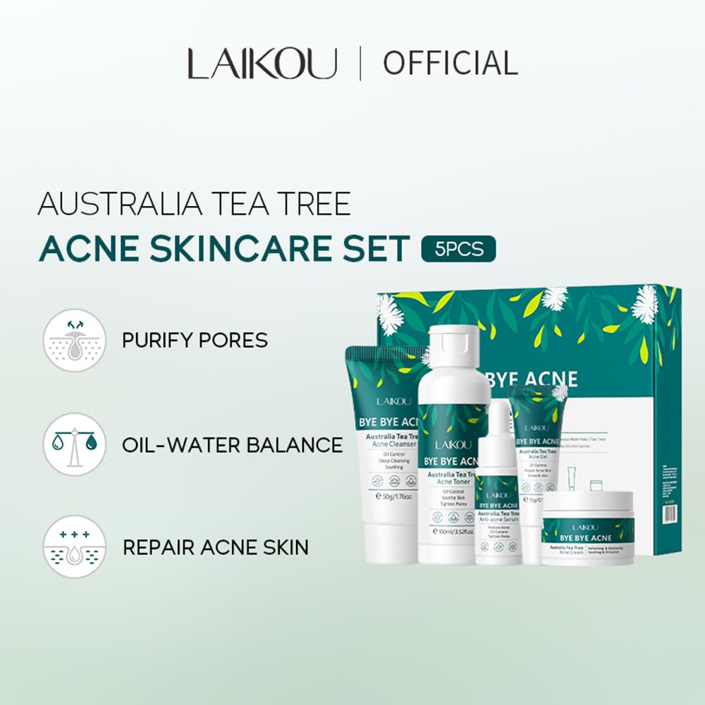 LAIKOU Skincare Gift Set for Teenagers Girls, Tea Tree Skin Care Sets & Kits with Cleanser,Toner,Serum,Face Cream,Gel, Shrink Pore/Acne Remove Oil Control Facial Kits for Women, Suitable for All Skin