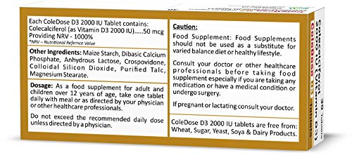 Vitamin D 2000 IU –Equivalent to 50 mcg - ColeDose D3, Premium Vitamin - Easy Swallow 30 Tablets- One a Day