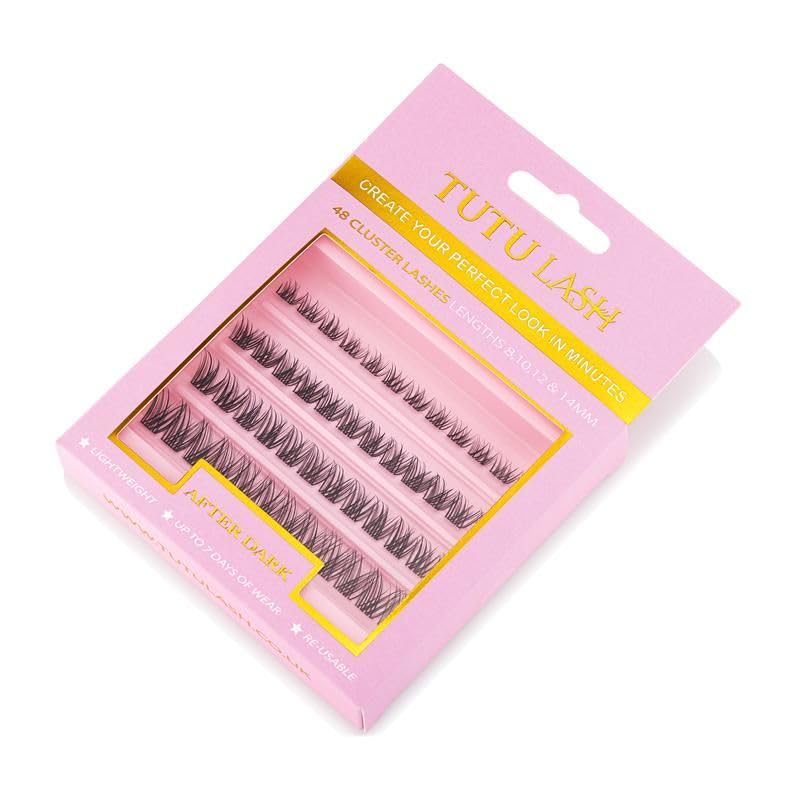 TUTU LASH After Dark Black Cluster Lashes – 48 DIY Individual Lash Clusters – 8mm, 10mm, 12mm & 14mm – Clear Band – Lightweight Reusable False Eyelashes – Glamorous Look