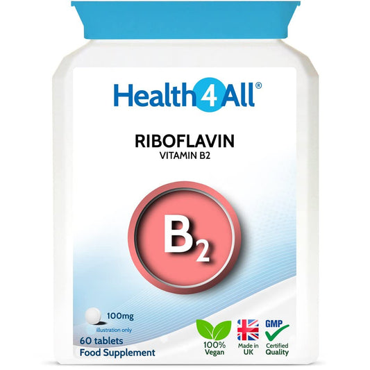 Vitamin B2 Riboflavin 100mg 60 Tablets Migraine Support, Stress and Energy. Vegan. Made by Health4All