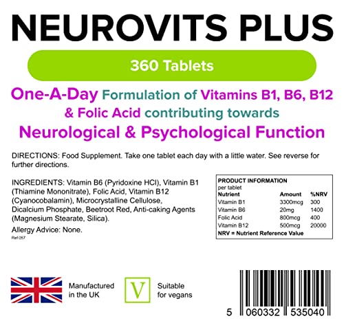 Lindens - Neurovits Plus Tablets - 360 Pack (90 Pack x 4) - UK Made - Contains Vitamin B1, B6, B12 & Folic Acid Contributes Towards Normal Psychological Function, Healthy Heart & Nervous System