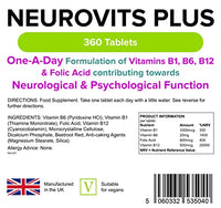 Lindens - Neurovits Plus Tablets - 360 Pack (90 Pack x 4) - UK Made - Contains Vitamin B1, B6, B12 & Folic Acid Contributes Towards Normal Psychological Function, Healthy Heart & Nervous System
