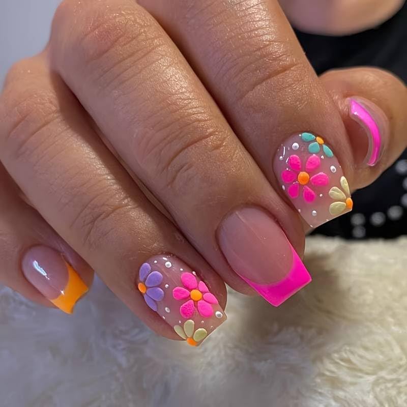 Generic 24PCS Acrylic Press on Nails, Square Full Cover, Colourful Flower French Tips, No Glue Needed, for Women and Girls