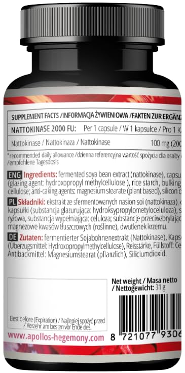 APOLLO'S HEGEMONY Nattokinase High Strength 100mg (2000 FU) - 60 Vegan Capsules - 2 Months Supply - Enzymes from Fermented Soybeans - Supplement to Support Circulation Health - by Apollo's Hegemony