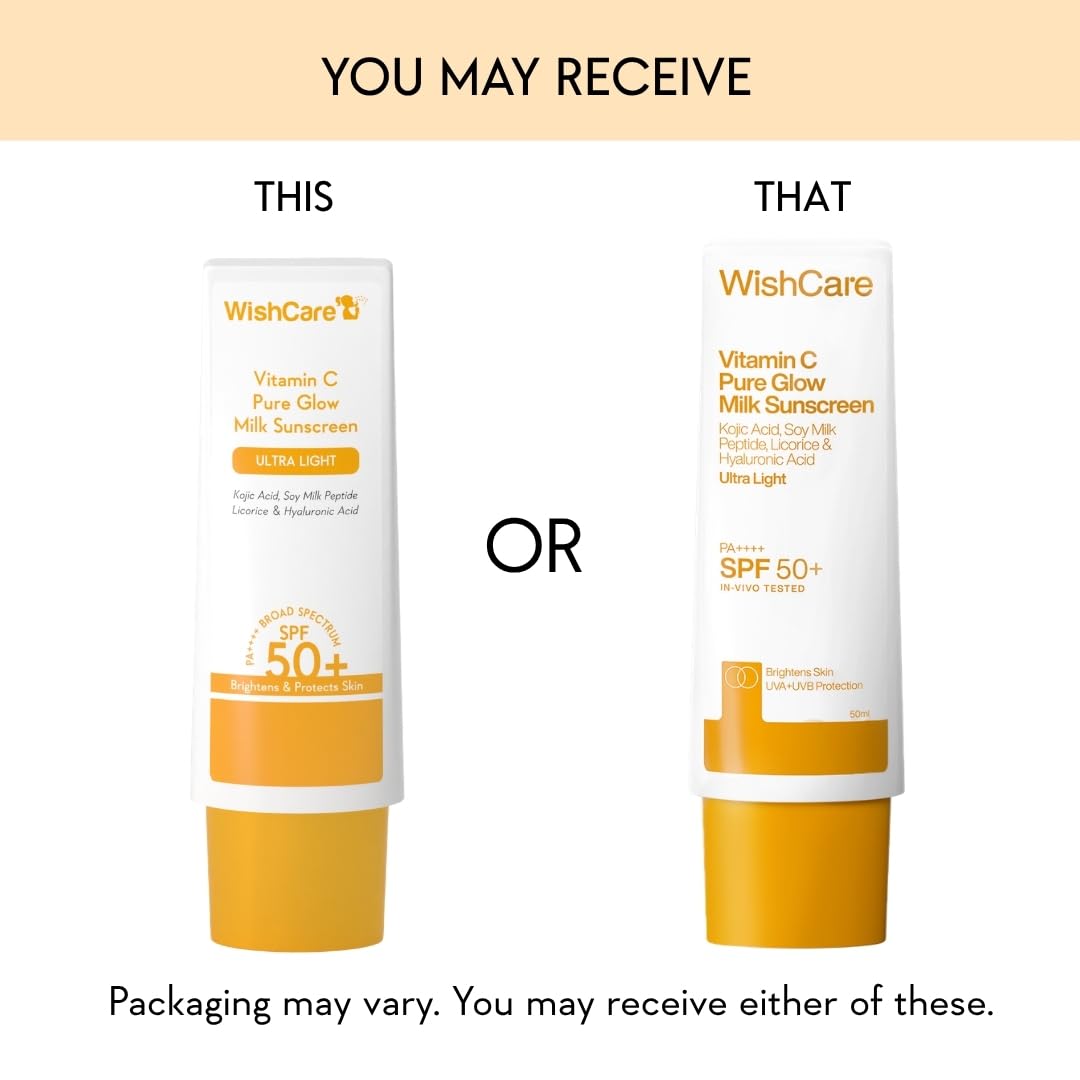 WishCare Vitamin C Pure Glow Milk Sunscreen SPF 50 PA++++ for Glowing Skin - Broad Spectrum Light Weight Sunscreen SPF 50 for Dry Skin & Oily Skin 50g