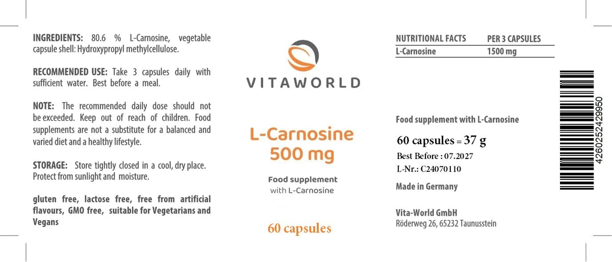 Vita World L-Carnosine 500mg 60 Capsules Made in Germany l Vegan l Highly-dosed l Amino Acid l 500 mg carnosine/Capsule