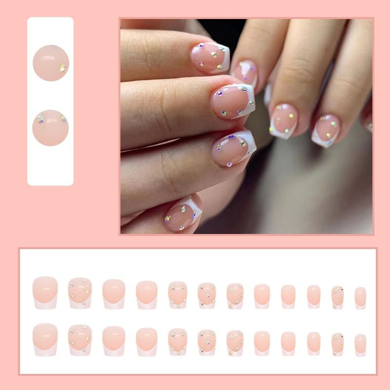 JUSTOTRY 24 Pcs False Nails Short with Diamond Pattern,Milky White French Square Press on Nails,Glossy Fake Nails Medium for Nails Art,Pretty Squoval Stick on Nails for Women Gifts