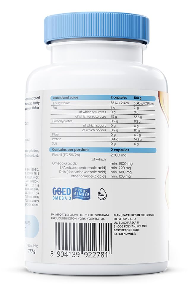 OSAVI Osavi Omega–3 Extra Molecularly Distilled 1300 mg – 120 Softgels | Lemon Flavor | EPA & DHA for Heart Health, Brain Function, and Vision I Molecular Distillation for Maximum Purity