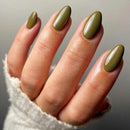 KQueenest Olive Green Press on Nails Short Oval, Short False Nails Almond, Glossy Solid Round Fake Nails Set, Reusable Moss Green Gel Stick on Nail for Women Finger Daily Wear 24 Pcs