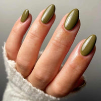 KQueenest Olive Green Press on Nails Short Oval, Short False Nails Almond, Glossy Solid Round Fake Nails Set, Reusable Moss Green Gel Stick on Nail for Women Finger Daily Wear 24 Pcs
