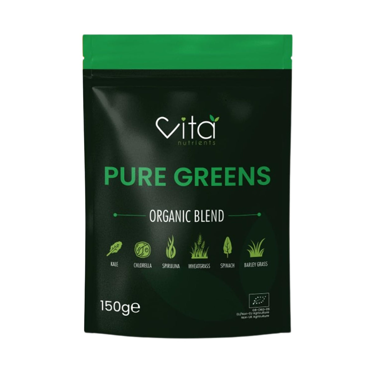 Vita Nutrients Pure Greens Superfood Powder 150g - Premium Organic Blend of 6 Plant Based Super Greens - Vegan & Gluten Free - Vitamin Fibre & Mineral Rich Formula - Made in The UK