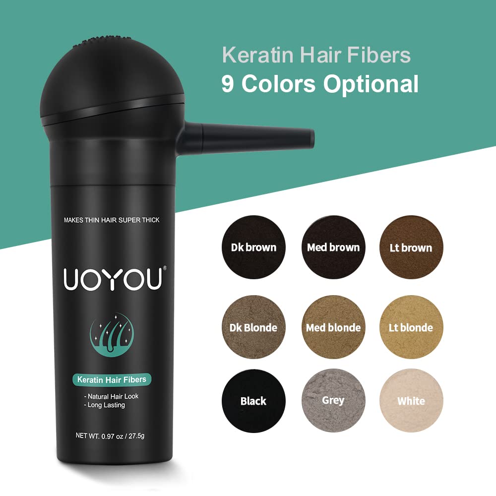 UOYOU MEDIUM BROWN Hair Fibres for Thinning Hair 27.5g Bottle with Applicator | Natural Keratin Hair Fibers Concealer for Hair Loss for Men and Women | Hair Building Fibres Powder [MEDIUM BROWN]
