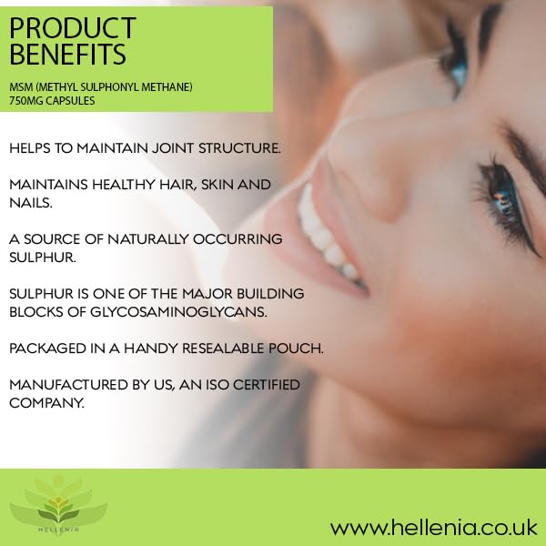 Hellenia MSM Capsules Using Branded OptiMSM - 180 Capsules | 100% Pure Methyl Sulphonyl Methane | The Purest, Most Researched MSM, No Additives & Non-GMO | Suitable for Vegans