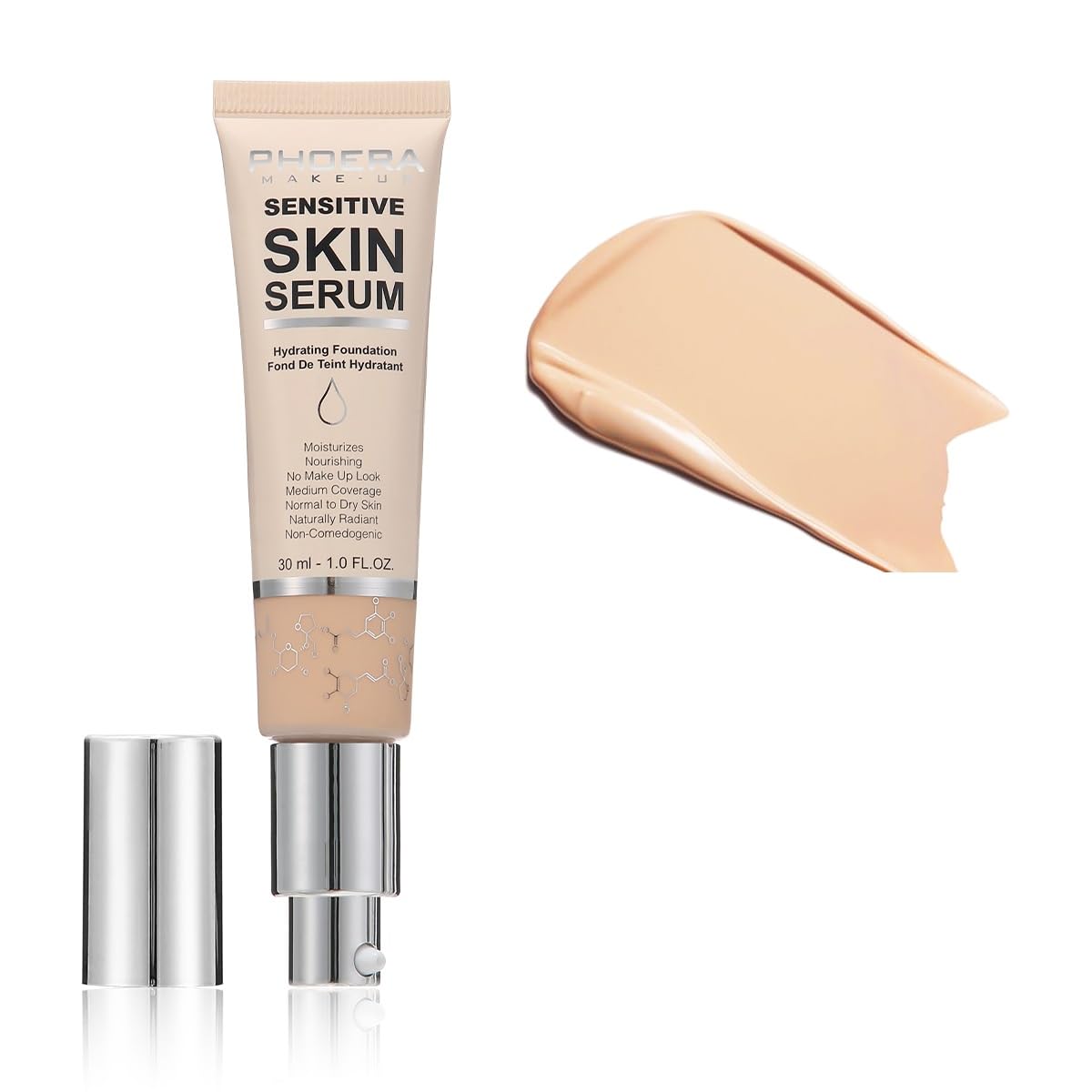 Phoera PHOERA Hydrating Serum Foundation, Hyaluronic Acid, Allantoin, Vitamin E, Tea Tree Oil Ideal For Dry And Sensitive Skin 12HR Skin Hydration, Medium Coverage, (NUDE, 30ml)