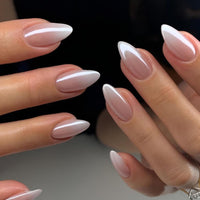 KQueenest Chrome Ombre Pink Press on Nails Almond, French Tip Fake Nails Medium Stiletto, Gradient White Pink False Nails Press ons, Perfectly Fit, Reusable Gel Stick on Nail for Women 24 Pcs