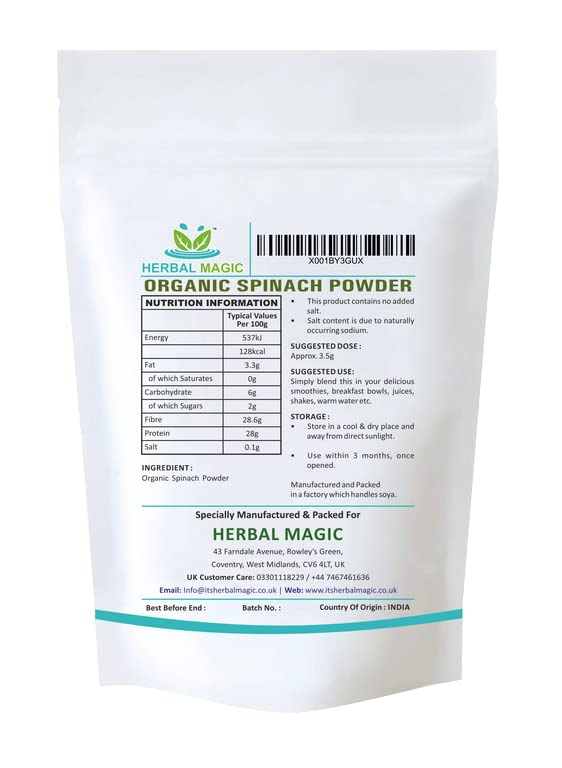Herbal Magic's Organic Spinach Powder Green Superfood for Smoothies,Juice, Baking Free from Fillers & preservatives of&G Organic Certified (100g (Pack of 1))