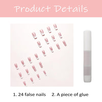 Shengqialun Pink Press on Nails, Long Coffin False Nails - French Tip Pink & White Fake Nail with Heart Accents, 24pcs Full Cover Stick on Nails with Glue, Glossy Elegant Press-Ons for Parties