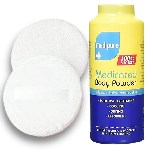 Medipure Medicated Body Powder - Helps Cool Itchy, Irritated Skin 100% Talc Free (200g), Including 2X Body Powder Puffs