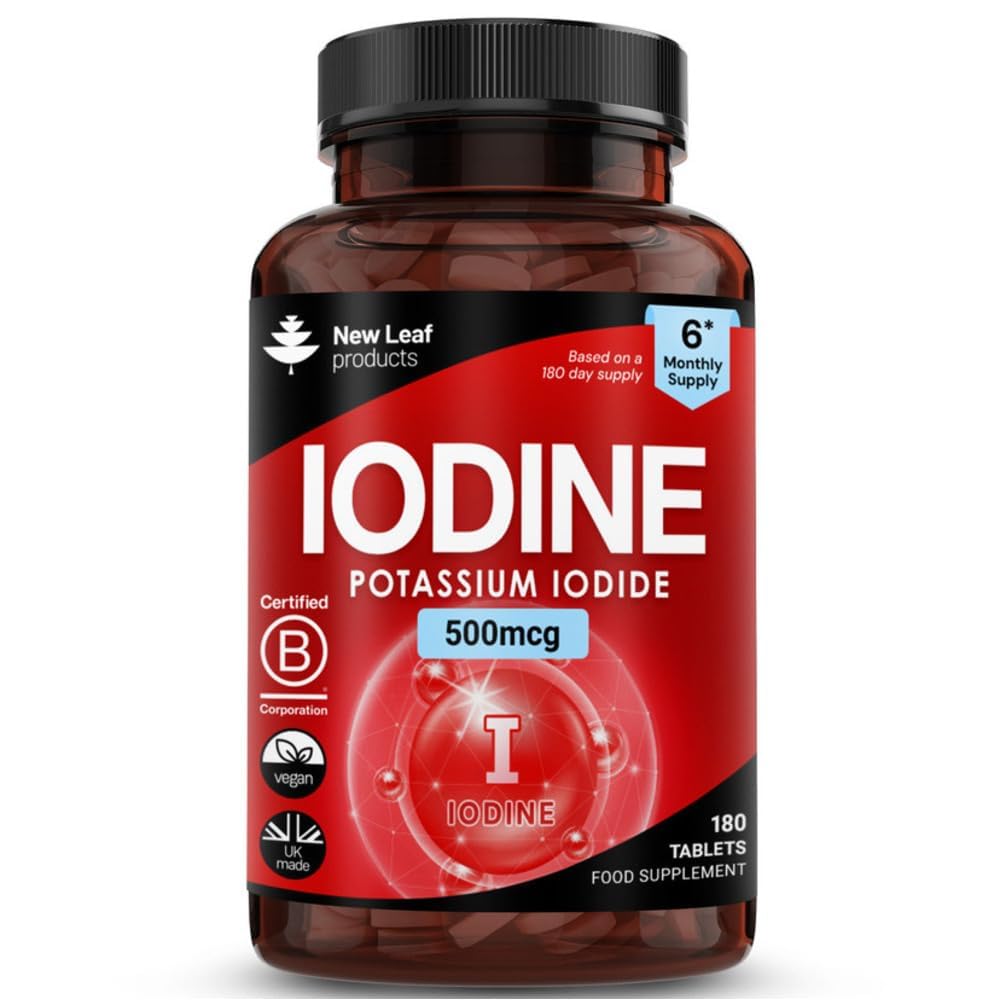 NEW LEAF PRODUCTS Iodine Tablets 100% RI - Vegan High Strength 180 Tablets Iodine Supplements, Natural Source of Iodine from Potassium Iodide, 6 Month Supply, GMO Free, Made in UK by New Leaf