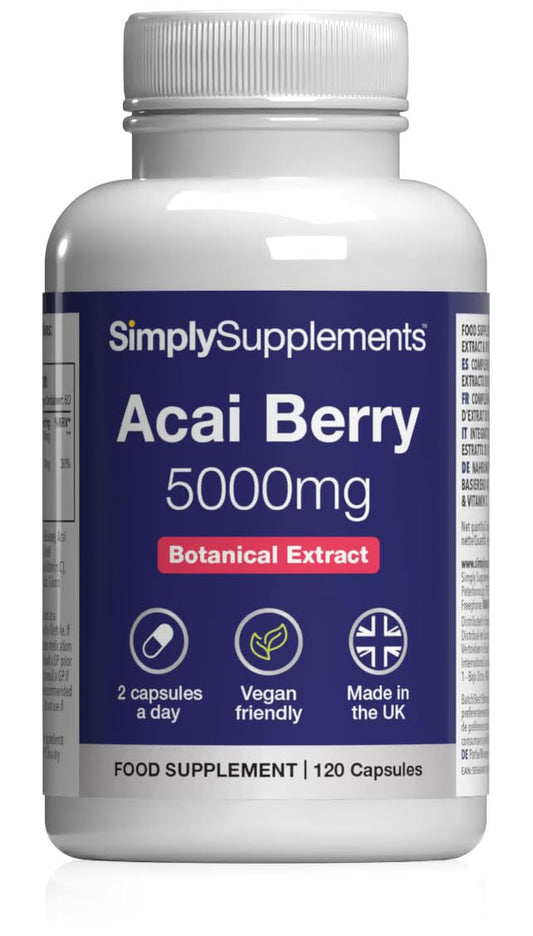 Simply Supplements Acai Berry 2,500mg Capsules | with Vitamin C | Supports Immune System & Collagen Formation | Freeze-Dried Extract | Vegan Friendly | 120 Capsules = 2-Month Supply | UK Made