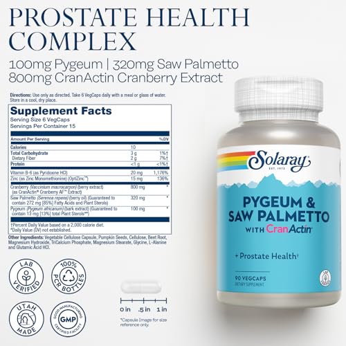SOLARAY Pygeum and Saw Palmetto with CranActin - Prostate Health Supplement with Pygeum Bark, Saw Palmetto Extract and Cranberry Extract, Lab Verified, 60-Day Guarantee (15 Servings, 90 VegCaps)