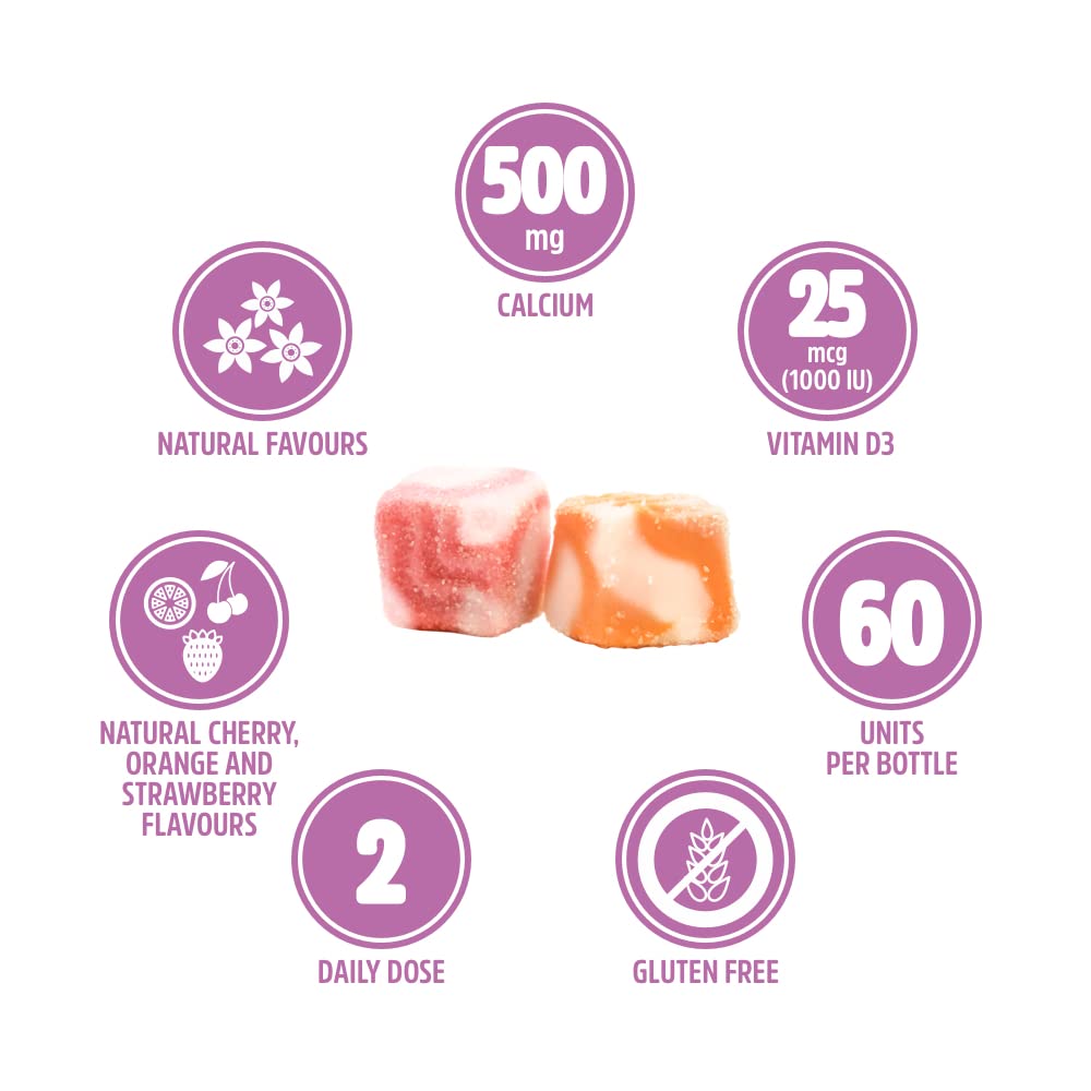 VITALDIN Calcium + Vitamin D3 Gummies – 500 mg Calcium & 1.000 IU Vitamin D per Serving – 60 Chewable Gummies (1-Month Supply); Fruit Flavour – Bone & Teeth Support – Gluten Free – for Kids & Adults