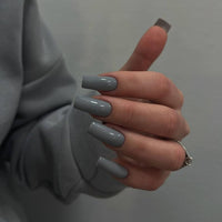 SXVME Dark Gray Press on Nails Long Square, Acrylic False Nails Medium Coffin, Glossy Gel Fake Nails Press on, Sheer Gel Stick on Nail for Women, 24 Pcs