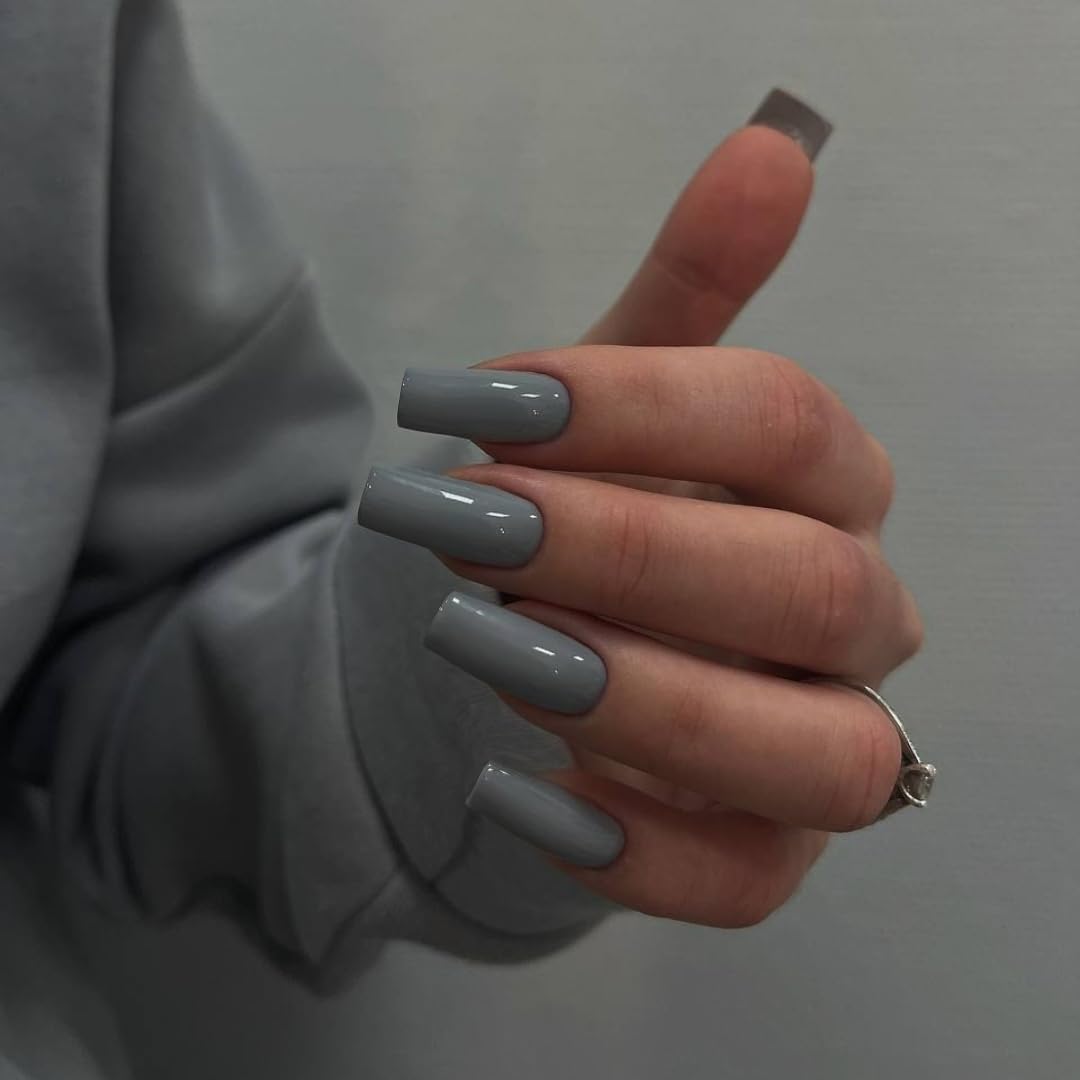 SXVME Dark Gray Press on Nails Long Square, Acrylic False Nails Medium Coffin, Glossy Gel Fake Nails Press on, Sheer Gel Stick on Nail for Women, 24 Pcs