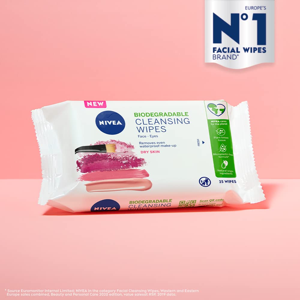 NIVEA 3in1 Caring Cleansing Wipes Dry Skin (25 sheets), Plant-Based Biodegradable Wipes, Face Wipes for Dry Skin, Gentle yet Effective Make-Up Removal