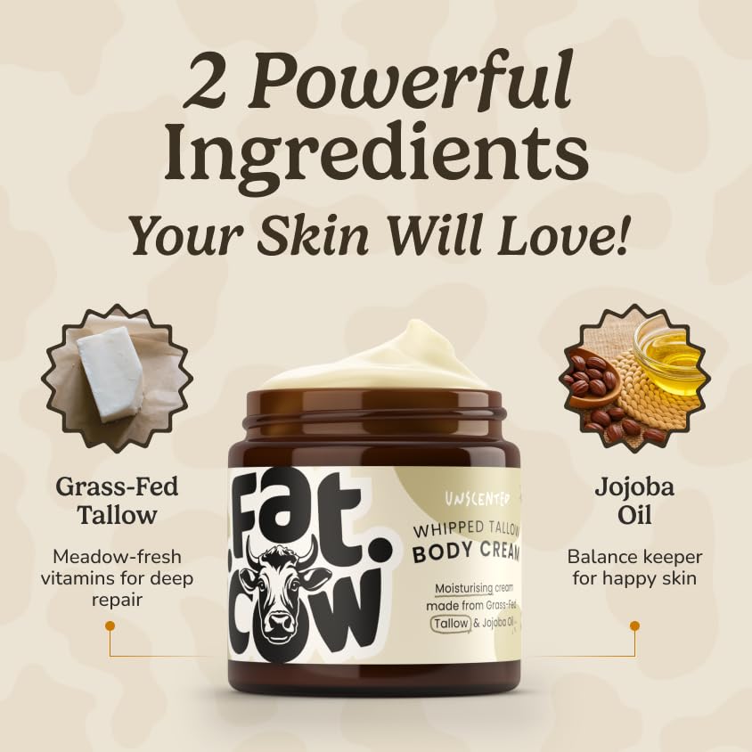 Fat Cow Skincare Beef Tallow Skin Care, Beef Tallow Moisturiser, Grass Fed & Whipped, Enriched with Jojoba Oil for Skin Hydration and Sensitive Skin, Eczema Relief, 120ml Unscented
