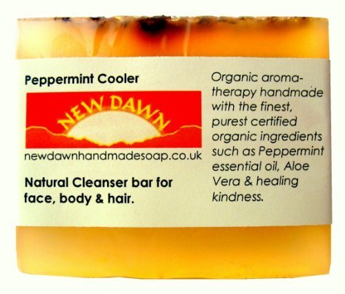 New Dawn Organic Skin and Hair Care Ltd. Handmade Natural Peppermint Soap Bar - Range No.9 - Sebum / pH Balancing, Acne / Blackhead / Open Pore / Perioral Dermatitis Relief, Head Lice Prevention, Cellulite Line Reducing, Skin and Hair Revitalisation - 75g