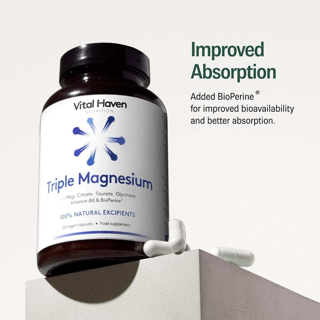 Vital Haven Magnesium Supplement - Citrate + Glycinate + Taurate with Vitamin B6 and BioPerine - 2 Capsules - UK Made