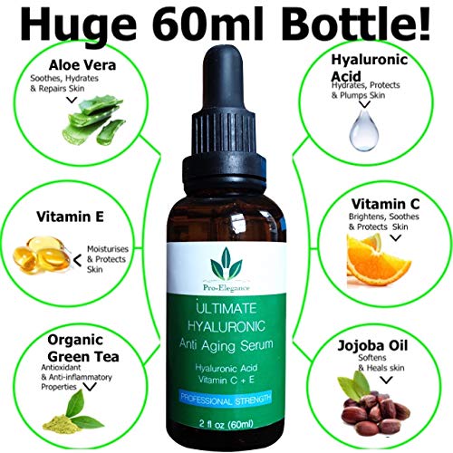 Pro-Elegance Hyaluronic Acid Serum for face 60ml Bottle Anti ageing & wrinkle Cruelty Free Best Pure Liposome Moisturiser with Vitamin C Green Tea Vitamin E & Organic Jojoba Oil