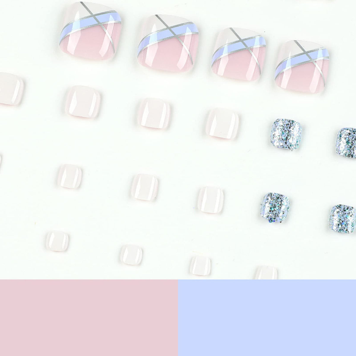 Ceboic 24Pcs Short False Toenails, Square French Fake Toe Nails, Acrylic Full Cover Stick on Toe Nails with Glitter Lines, Reusable Blue White Press on Toenails for Women and Girls Daily Decorations