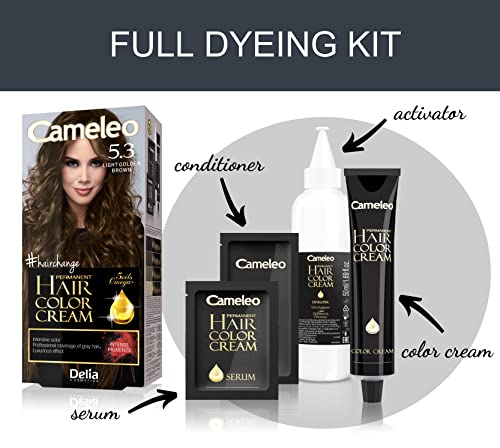 Cameleo - Permanent Hair Colour Cream - Light Golden Brown - Intensive Color & Protection - 5 Oils + Omega Plus Acids - Professional, Luxurious Hair Dye - Full Kit