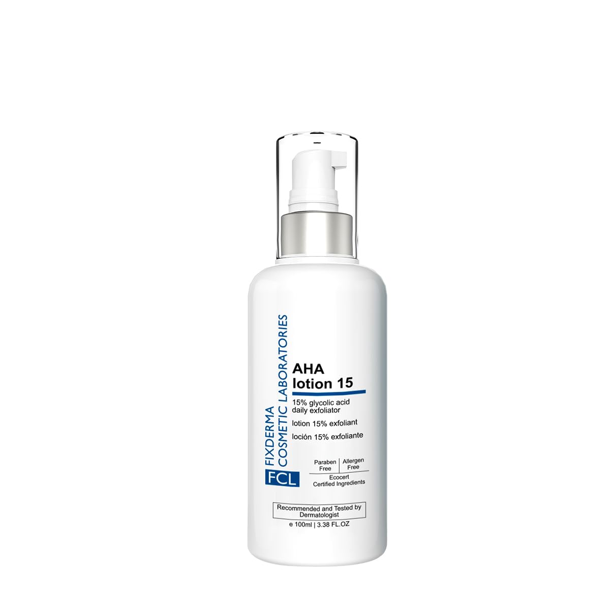 FIXDERMA COSMETIC LABORATORIES FCL 15% Glycolic Acid AHA lotion 15 for dry, itchy and rough skin | Exfoliating lotion | Removes hard & darkened skin | Hydrates skin | Younger & glowing skin | Non-irritating | Non-comedogenic- 100ml