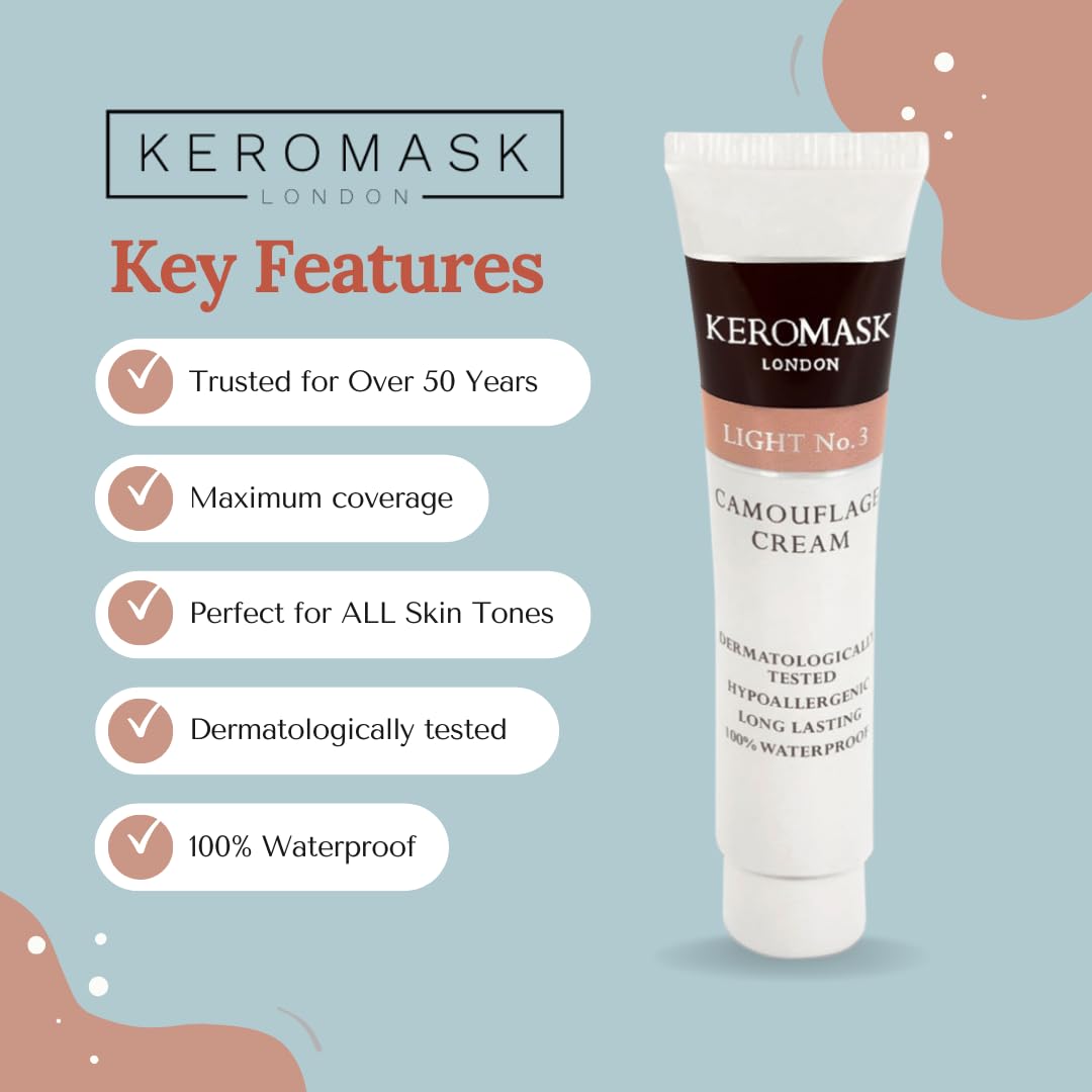 Keromask Full Coverage Hypoallergenic Concealer Shade LIGHT No 9 to Camouflage Vitiligo, Tattoos, Redness and Rosacea, Waterproof and Suitable for All Skin Types 1 x 15ml