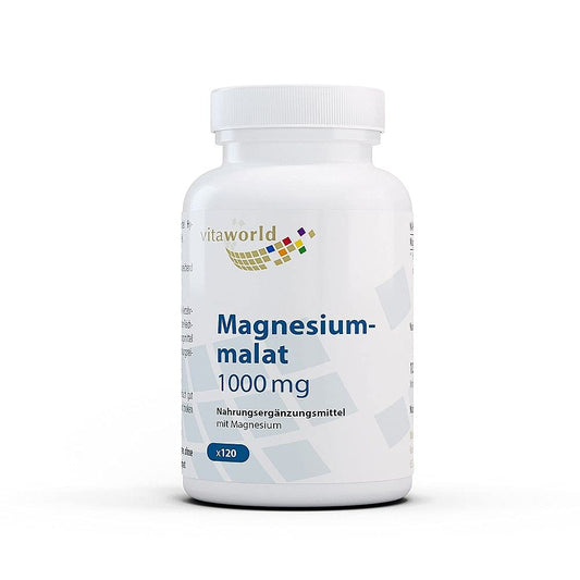 Vita World Magnesium Malate 1000mg 120 Capsules Highly Dosed Vegan and Free from Additives 150 mg Elemental Magnesium per Capsule Made in Germany