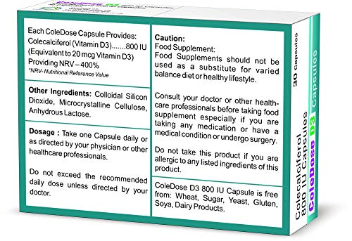 Vitamin D 800 IU –Equivalent to 20 mcg - ColeDose D3, Premium Vitamin - 30 Capsules- One a Day