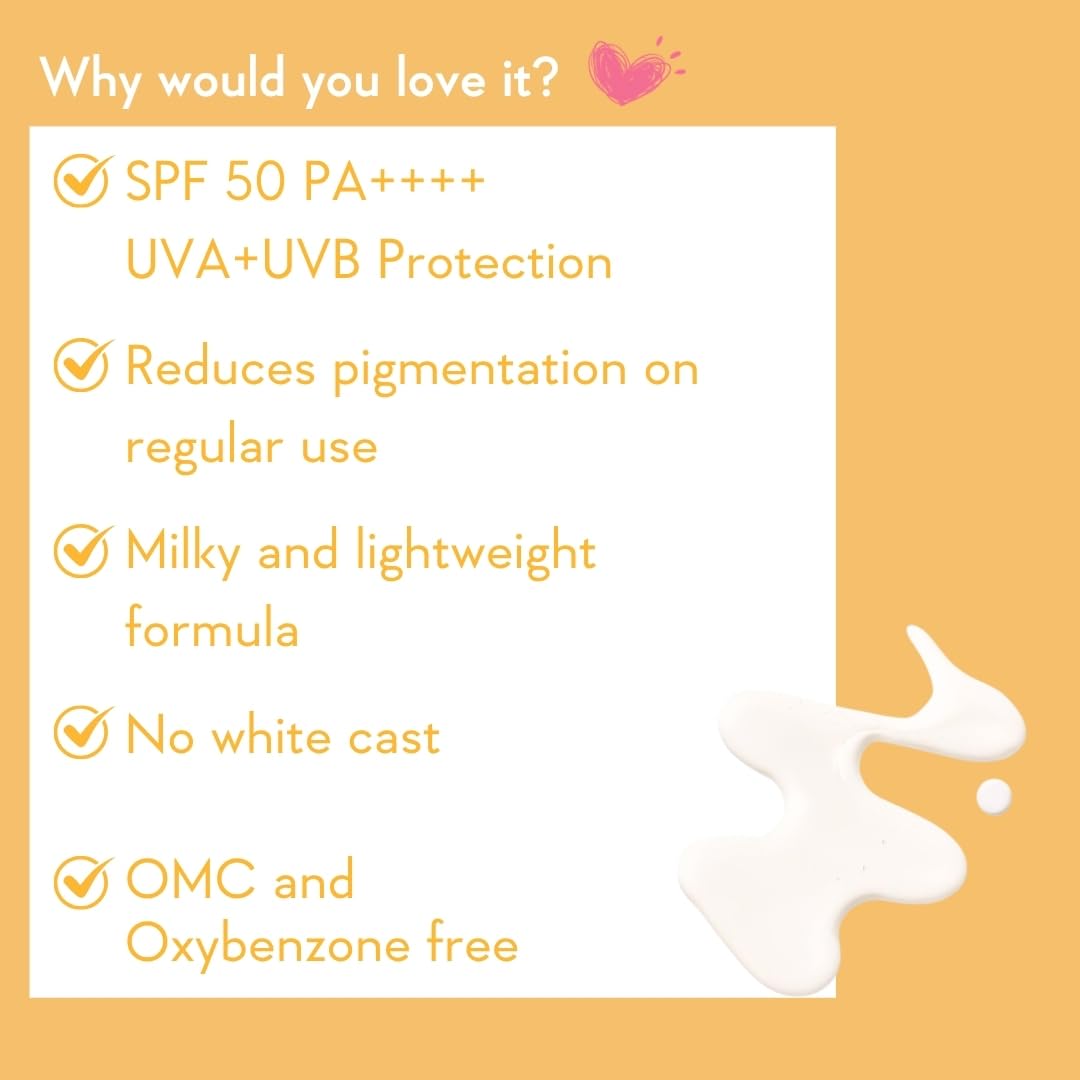 WishCare Vitamin C Pure Glow Milk Sunscreen SPF 50 PA++++ for Glowing Skin - Broad Spectrum Light Weight Sunscreen SPF 50 for Dry Skin & Oily Skin 50g